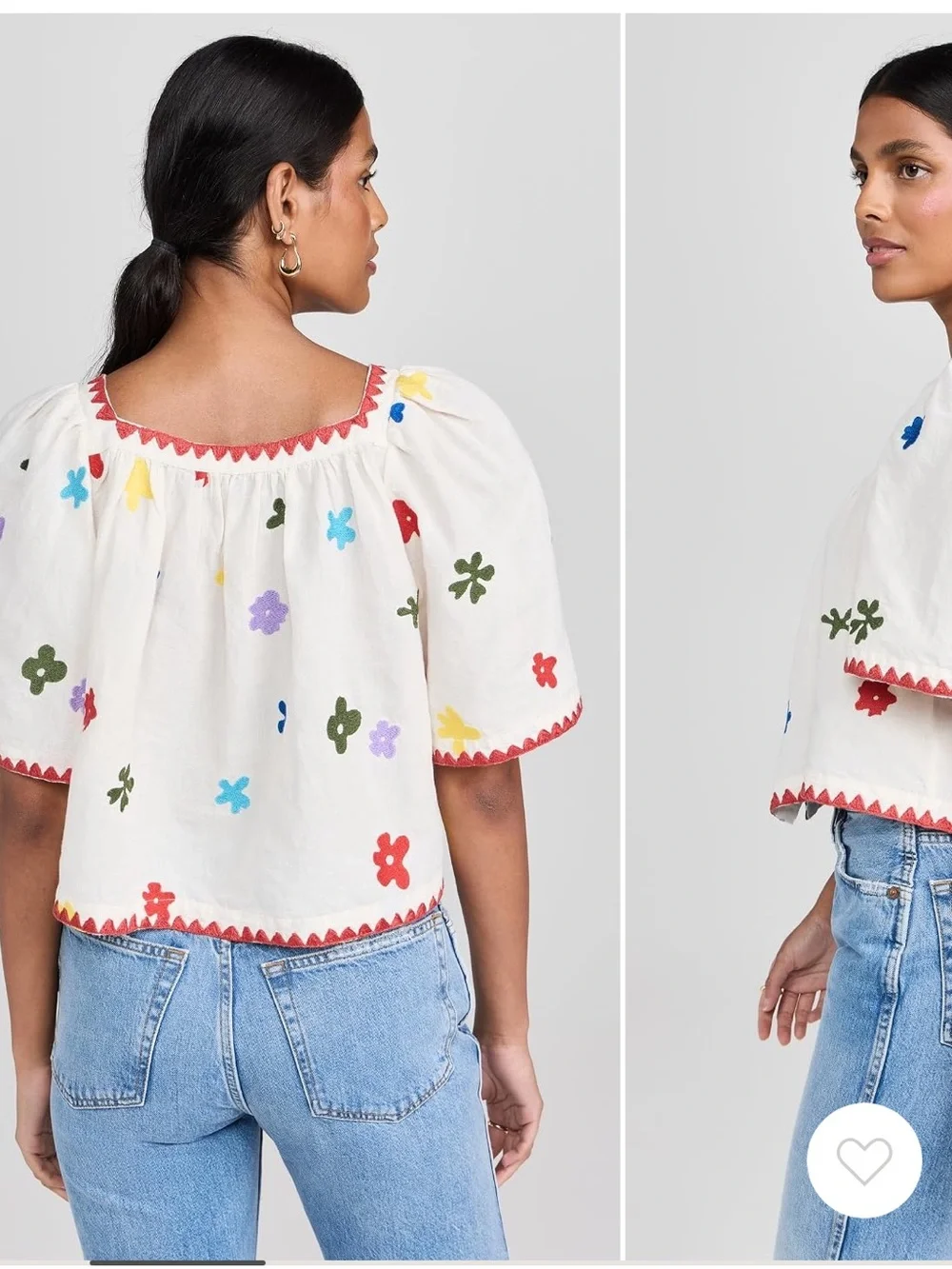 RHODE White Cropped Peasant Top with Multicolor Flower Embroidery - Picture 3 of 8